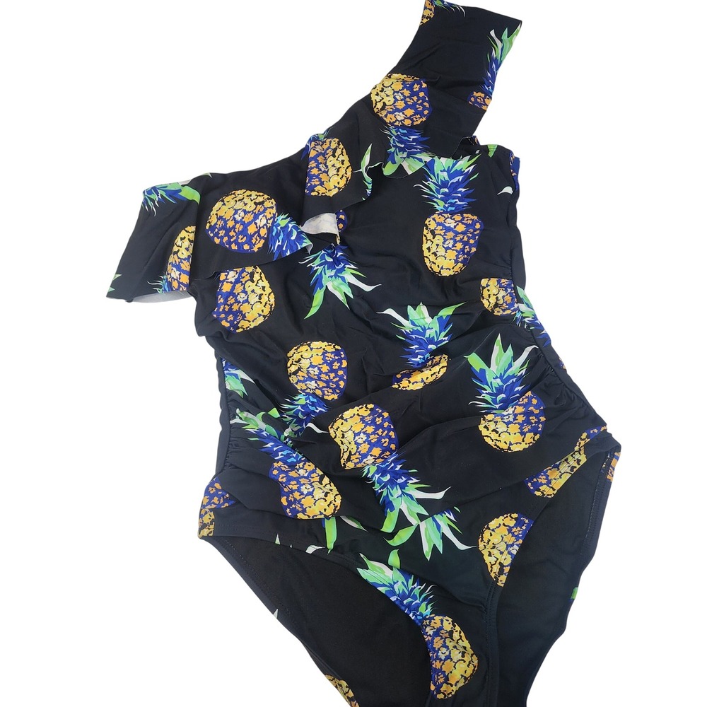 Hilor One Piece Swimsuit Womens 8 Black Pineapple Ruffle Ruched Tropical 025 NWT